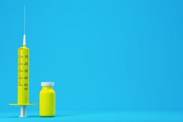 3d concept, syringe and bottle of yellow with vaccine on blue background. Medicaments on a blue background with place for text. 3d illustration