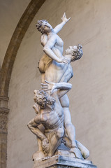 The Rape of the Sabine Women. White marble sculpture by Giambologna. Composition with the figura serpentina, an upward snakelike spiral movement. Piazza della Signoria, Florence, Tuscany, Italy.