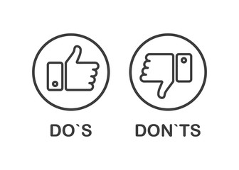 Like linear black icons on white background. Do`s and Don`ts. Thumbs up and thumbs down. Vector