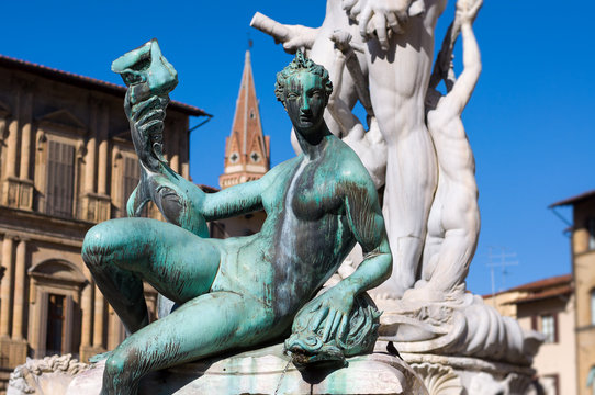 The Fountain of Neptune by Bartolomeo Ammannati. Mythical chained figure of Scylla. Situated on the Piazza della Signoria in front of the Palazzo Vecchio. Florence, Tuscany, Italy.