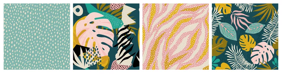 Fotobehang Dieren patronen Collage tropical and polka dot seamless pattern set. Modern exotic design for paper, fabric, interior decor  © Angelina Bambina