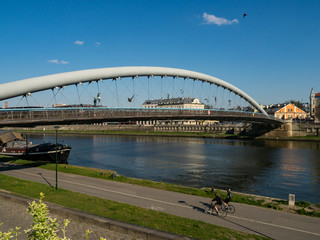 Vie over vistula river, boulevards and Bernatka footbridge. Cracow, Poland