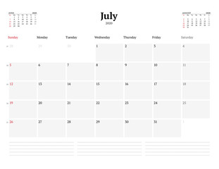 Calendar template for July 2020. Business monthly planner. Stationery design. Week starts on Sunday.