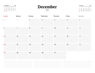 Calendar template for December 2020. Business monthly planner. Stationery design. Week starts on Sunday.