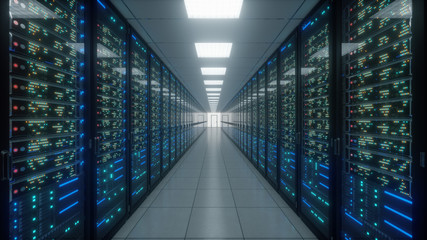 Modern interior server room data center. Connection and cyber network in dark servers. Backup, mining, hosting, mainframe, farm, cloud and computer rack with storage information. 3D rendering