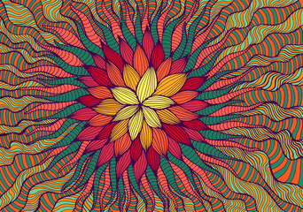 Abstract doodle colorful decorative flower, yellow orange red green color.