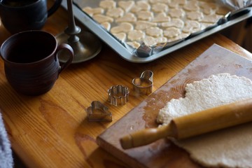 Home made pastry cookies process of cooking in a warm authentic kitchen