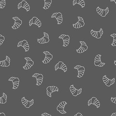 Croissant seamless pattern. Black white sketch illustration. Hand drawn bread digital paper. Doodle. White on black blackboard. For logo, wallpaper, fabric, packing, wrapper
