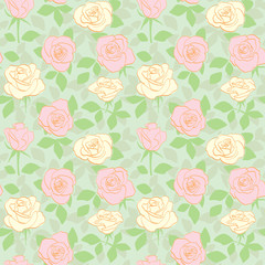 decorative seamless pattern with yellow and pink roses and green leaves - vector floral background