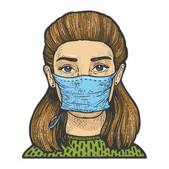 Young woman in medical surgical mask color sketch engraving vector illustration. T-shirt apparel print design. Scratch board imitation. Black and white hand drawn image.