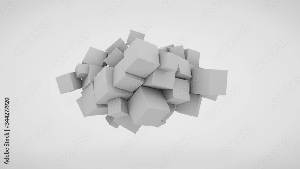 Poster 3d animation of an abstract array of many cubes of different sizes on a white background. cubes appe