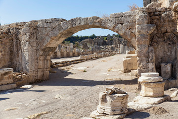 view of the ancient city of Perge in Turkey Antalya.