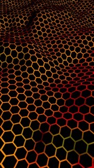 Honeycomb wave effect on a red yellow background. Perspective view on polygon look like honeycomb. Isometric geometry. Vertical image orientation. 3D illustration