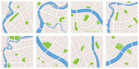 City navigation map pattern gps style set. Eight maps isolated on white background. City with river and canal and parks. Vectoe Illustration
