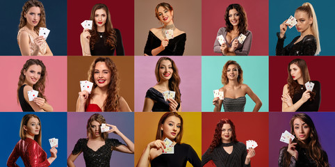 Collage of women with make-up and hairstyles, in stylish dresses and jewelry. Smiling, showing aces, posing on colorful backgrounds. Poker, casino