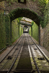 funicular up a steep hill from a mossy tunnel