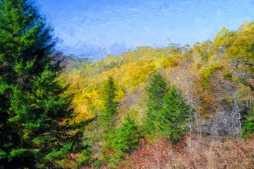 Impressionistic Style Artwork of Autumn in the Appalachian Mountains Viewed Along the Blue Ridge Parkway