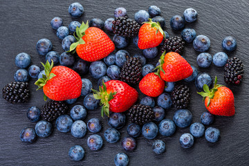 Berries Strawberries, blackberries and blueberries.