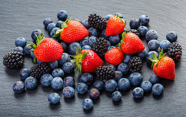 Berries Strawberries, blackberries and blueberries.
