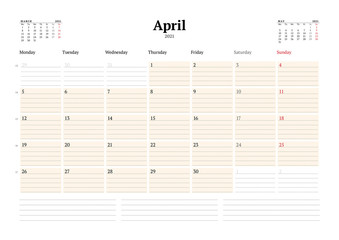 Calendar template for April 2021. Business monthly planner. Stationery design. Week starts on Monday.