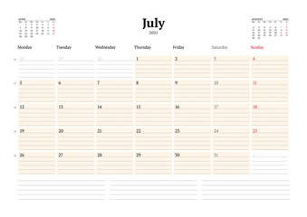 Calendar template for July 2021. Business monthly planner. Stationery design. Week starts on Monday.