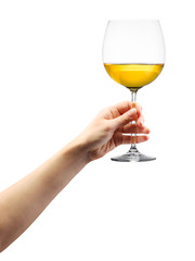 Woman hand holding white wine glass isolated on white.