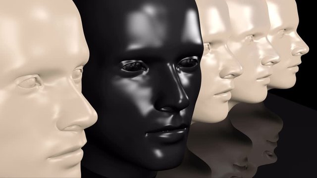 K&ouml;pfe in einer Reihe. Einer sticht durch eine andere Farbe heraus und dreht sich. Konzept f&uuml;r k&uuml;nstliche Intelligenz