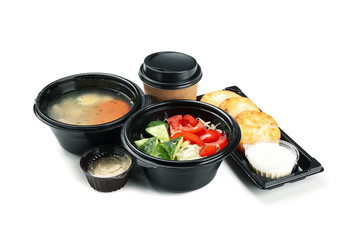 Food delivery. Food in take away boxes isolated on white background