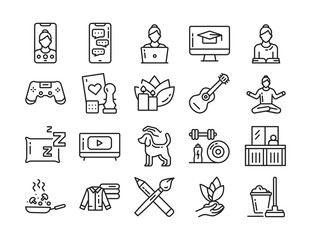 Home leisure line black icons set. Homework: Cleaning, Cooking, Yoga. Isolated vector element.  - obrazy, fototapety, plakaty