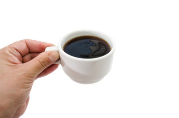 White cup of coffee in hand isolated on a white background. Copy space.
