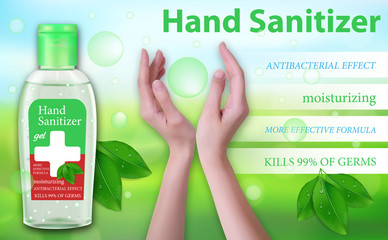 Hand Sanitizer gel ads. Antiseptic hand gel in bottles with womens hands and leaves, antibacterial effect. Best protection against viruses, such as coronavirus. Horizontal banner. Vector
