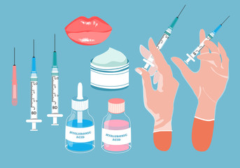 Beauty injection tool and element set. Trendy isolated item collection. Female lips, syringes, and masters hands. Hyaluronic acid in transparent bottles and facial creme. Modern design illustrations.
