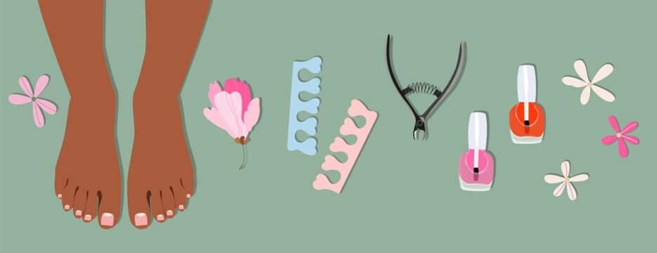 Female feet and pedicure element set. Isolated trendy hand-drawn vector collection. Manicure and pedicure. Skin and body care concept. Nail polish in bottles, feet, and pedicure accessories. - Powered by Adobe