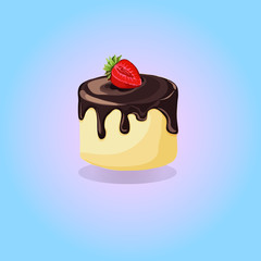 Vanilla cake with chocolate glaze with a blue background. summer decorative, sweets, dessert, web design, or print. Vector Illustration.