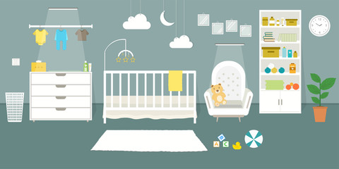 Cozy Nursery interior, baby room, flat style vector illustration template