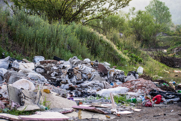 Mountains of garbage in nature. Garbage in nature. Pollution. Romania, Craiova. April, 29, 2020