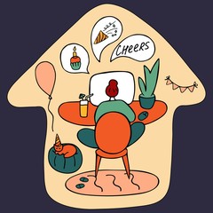 Blogger is a live broadcast on social networks. Online broadcast, stream. Girl tells subscribers about her birthday. Vector hand drawn illustration