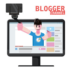 Blogger channel video for blog or vlog in interface web, holds smartphone on tripod