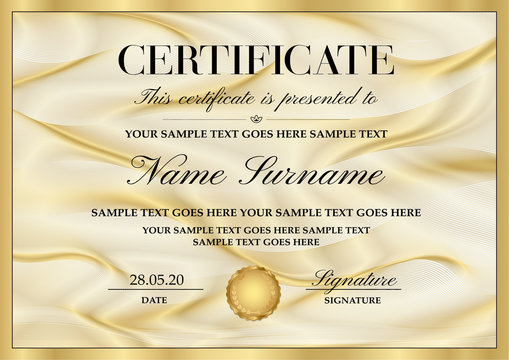 Certificate template with Guilloche pattern (lines) and golden frame. Gold background for Diploma, deed, certificate of appreciation, achievement, attendance, award plaque design