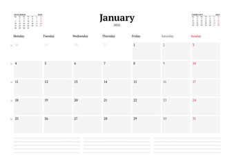 Calendar template for January 2021. Business monthly planner. Stationery design. Week starts on Monday.