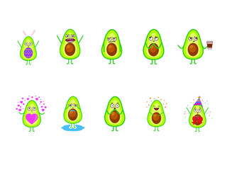 Emoticons with avocado. Emoji collection. Vector illustration set . Stickers Pack.