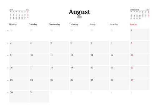 Calendar template for August 2021. Business monthly planner. Stationery design. Week starts on Monday.