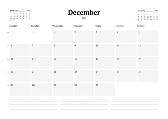 Calendar template for December 2021. Business monthly planner. Stationery design. Week starts on Monday.