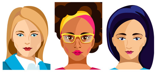 Vector illustration of female faces. African, Chinese and European women. Set of female аvatars . Different nationalities concept.