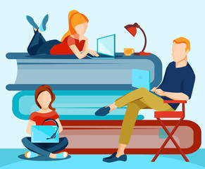 Online education. Group of students in distance learning with laptops and books. E-learning banner. Flat vector illustration