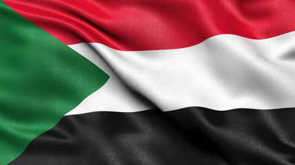 3D illustration of the flag of Sudan waving in the wind.