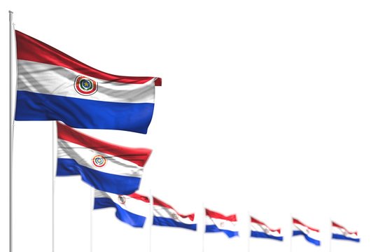 nice Paraguay isolated flags placed diagonal, picture with bokeh and place for content - any holiday flag 3d illustration..