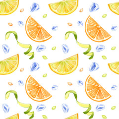 Seamless pattern with slice of lemon and orange on white background. Watercolor hand drawn illustration.