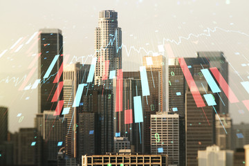 Double exposure of abstract virtual global crisis chart and world map hologram on Los Angeles city skyscrapers background. Financial crisis and recession concept