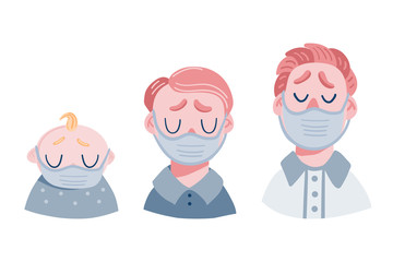 Fototapeta premium Set of sad men in a medical mask. Heads of teen, baby, and adult. Flat vector cartoon illustration on white background